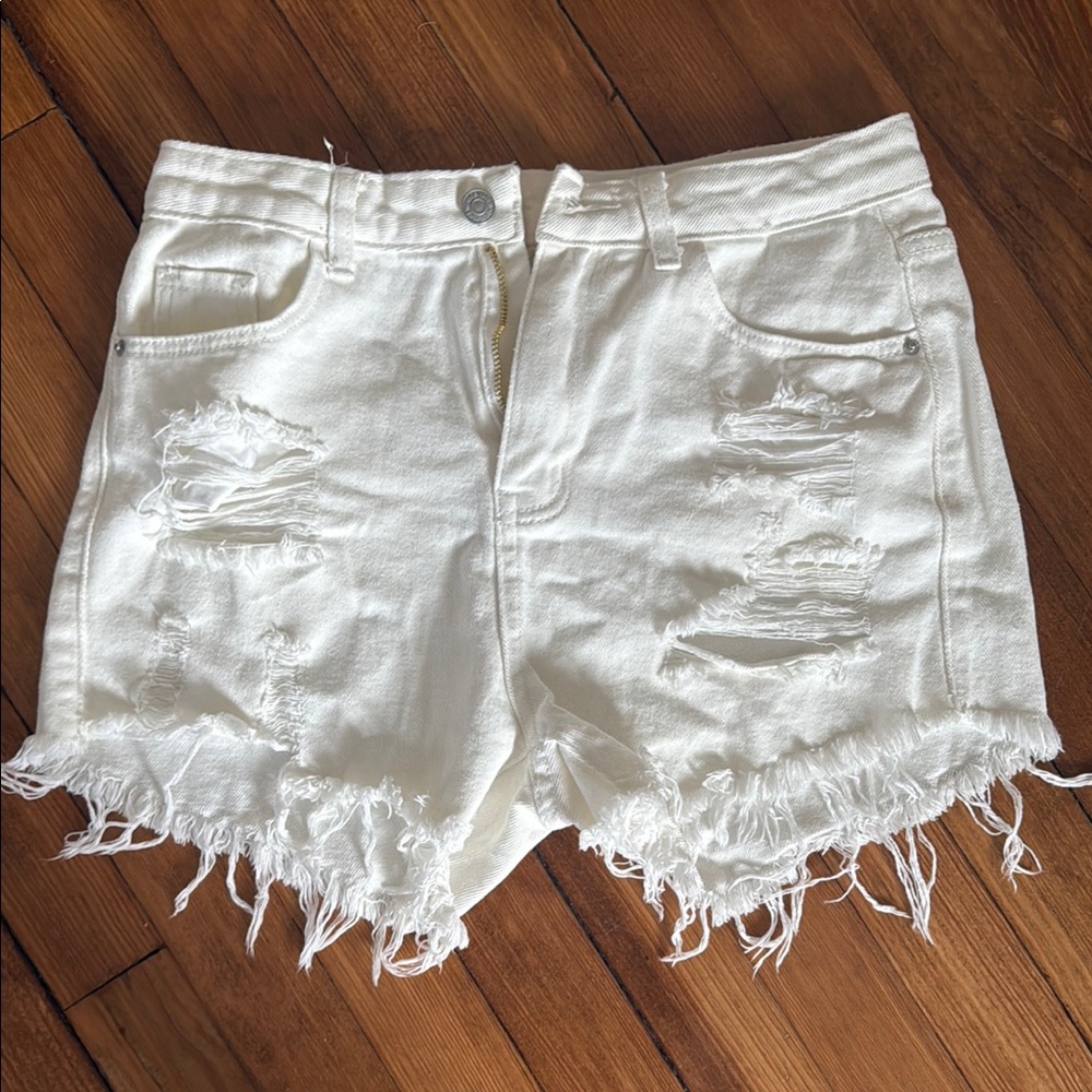 Distressed White Jean Shorts with Frayed Hem